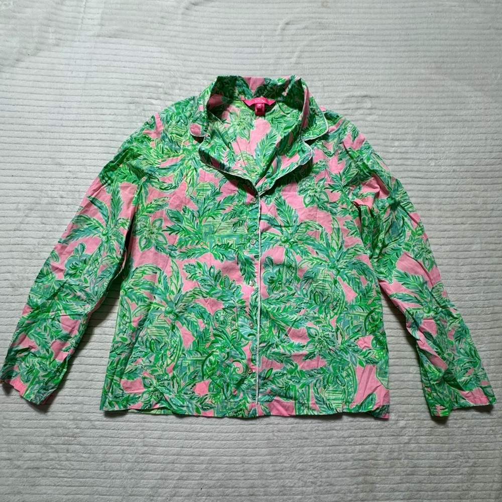 Lilly Pulitzer Green and Pink Leaf Print Pajama Top